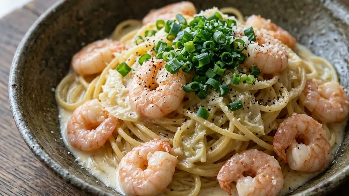 白ねぎと甘えびのクリームパスタ
