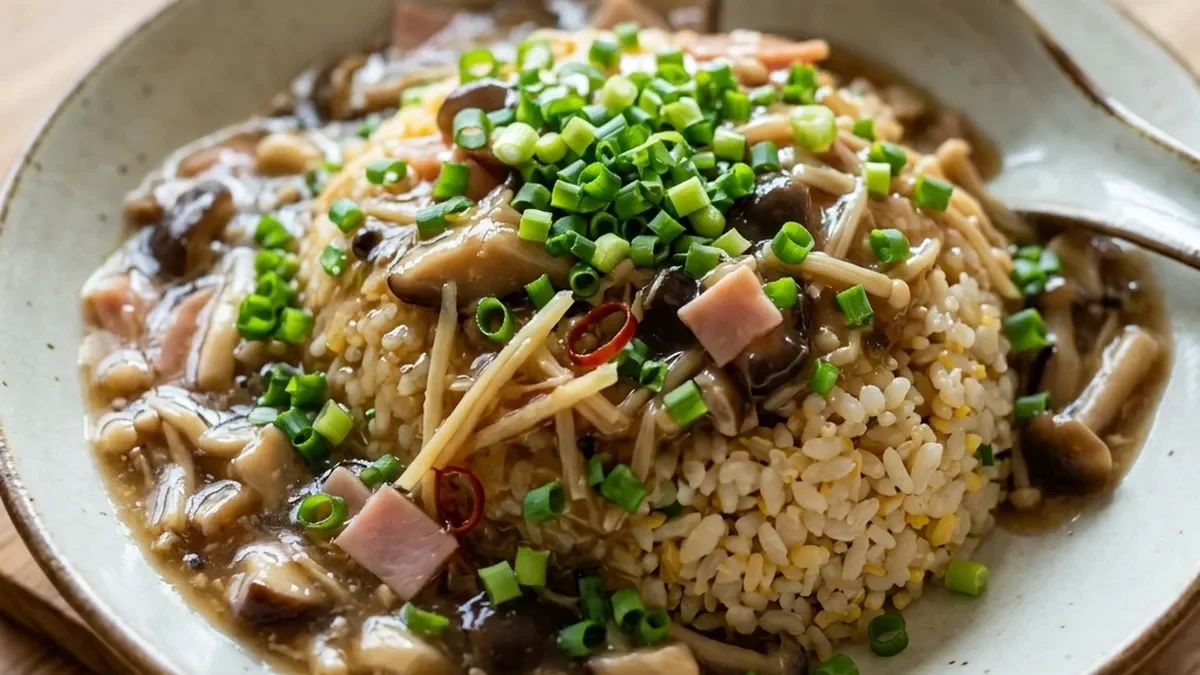 ねぎたっぷりチャーハンきのこあんかけ