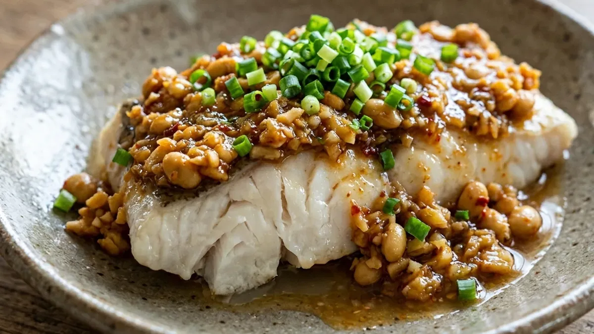 白身魚の蒸し物 ピリ辛大豆ソースのせ