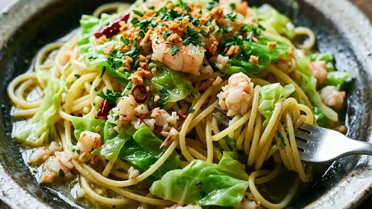 春キャベツとえびのパスタ 柚子こしょう風味