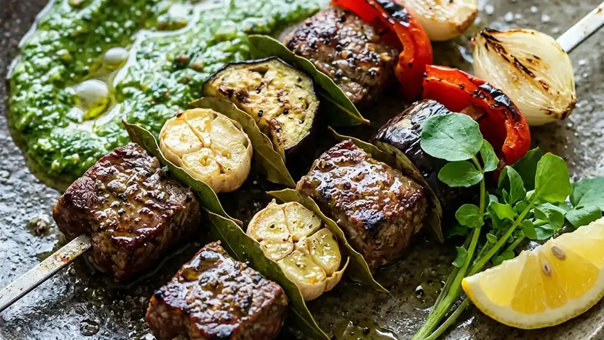 にんにくと牛肉のくし焼き 香草ソース