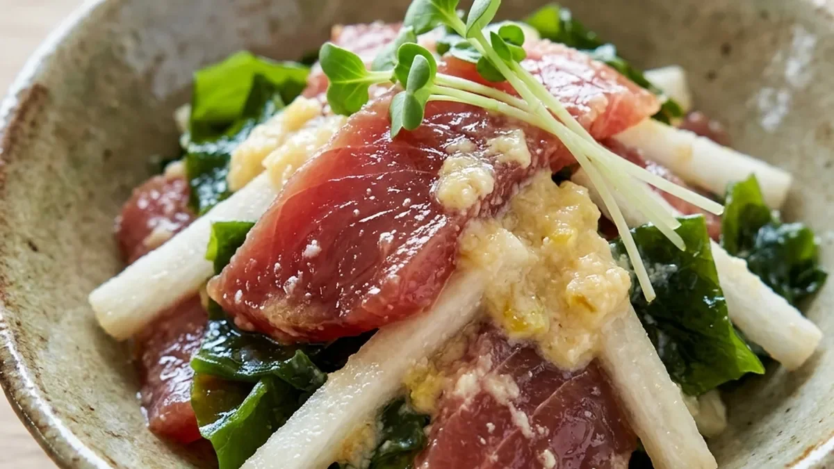 まぐろ、大根、わかめのパインかすあえ