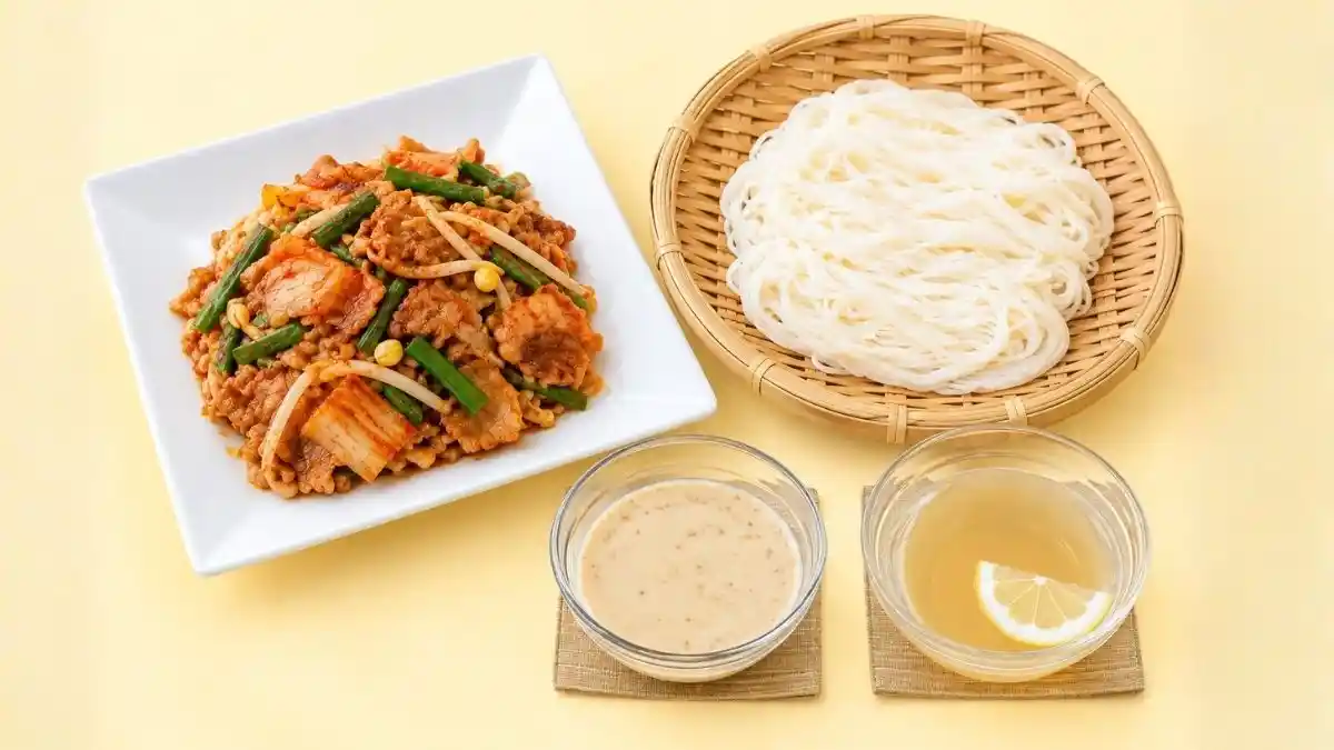 豚キムチ＆２種のたれdeそうめん