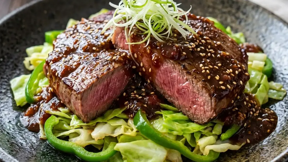 牛肉ステーキ 梅ごまソースかけ