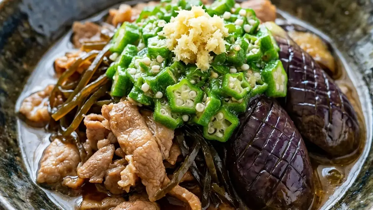 豚肉となすの昆布煮オクラかけ