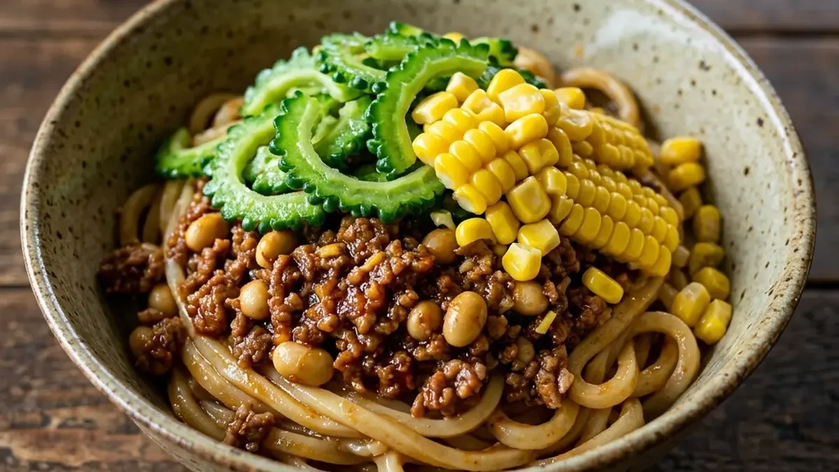 ゴーヤーと大豆のピリ辛肉みそうどん