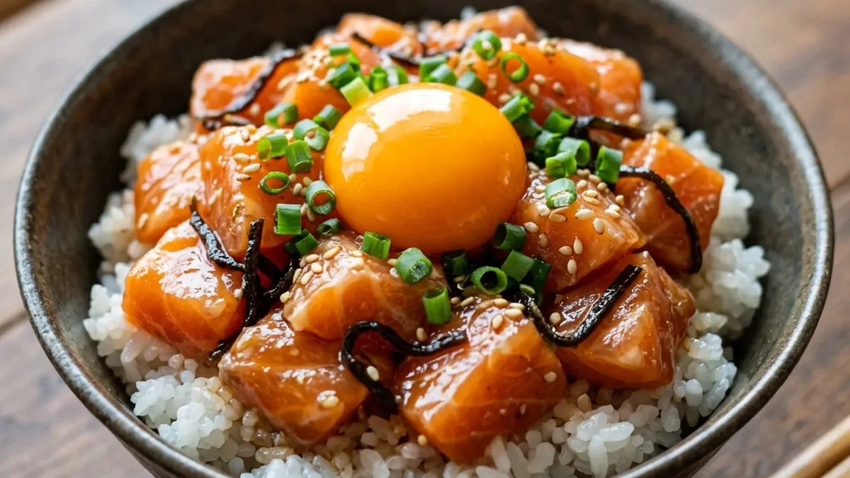 サーモン塩昆布ユッケ丼